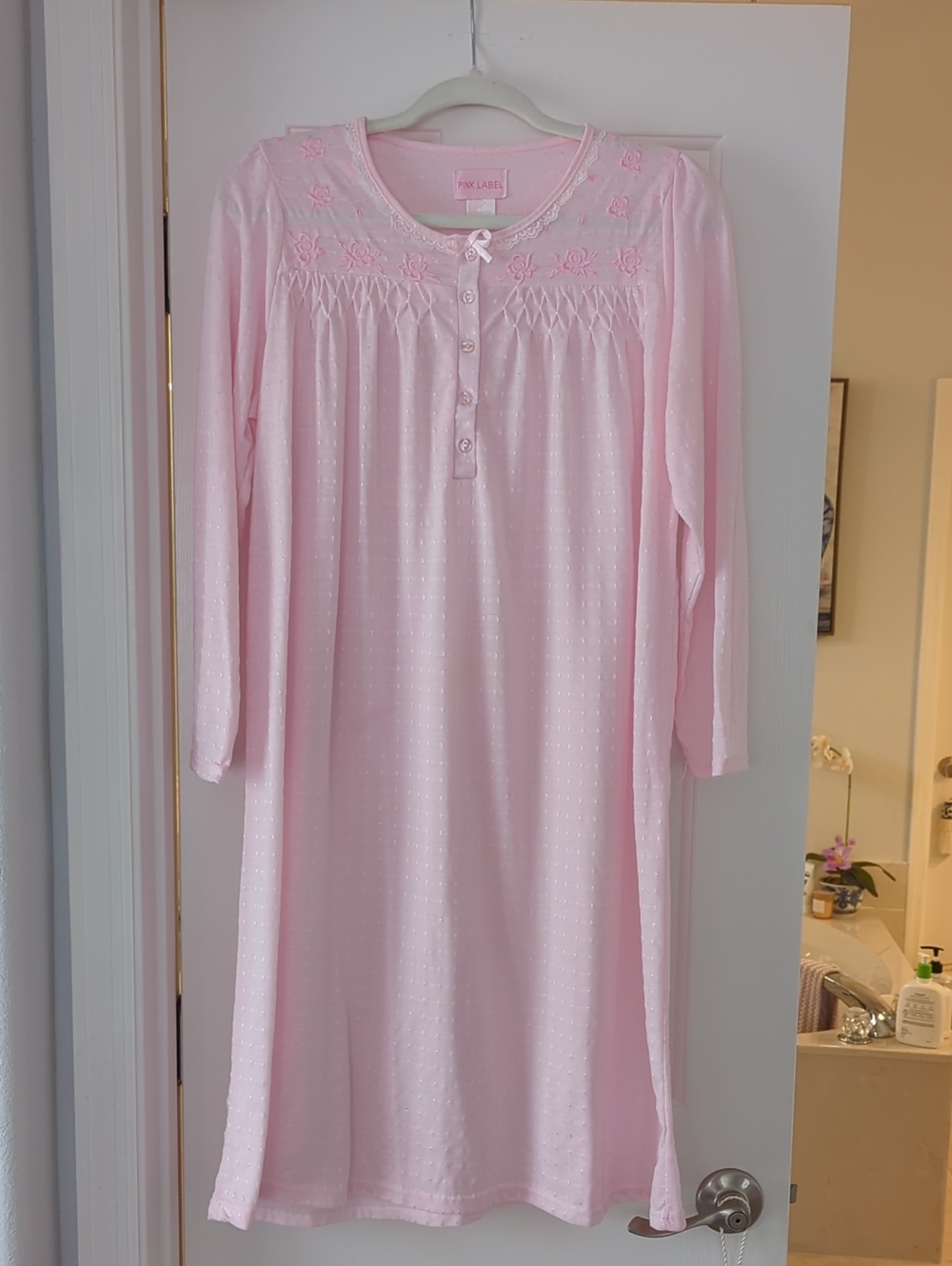 Womens Pink Embroidered Long Sleeve Nightgown